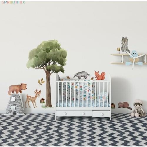Big Green Tree Wall Sticker Forest Animals Decals Squirrel Bear Deer for Baby Room Nursery Home Decoration Cute Animal Mural PVC