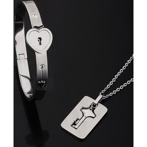 Love Heart Lock Bracelet Stainless Steel Bracelets Bangles Key Pendant Necklace Jewelry A Couple Lovers Jewelry