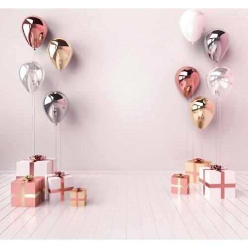 Laeacco Pink Backdrops For Photography Balloons Birthday Party Gray Wood Floor Gift Child Portrait Photo Background Photo Studio