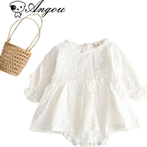 Angou 2021 New Autumn Baby Girls Long Sleeves Romper Dress Embroidered Flower Pure Color Cotton Soft Sweet Infant Baby Clothes