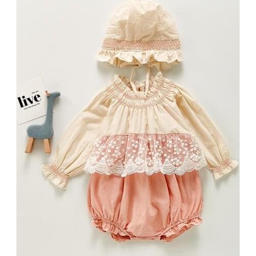 Newborn Girls Jumpsuit Long Sleeve Lace With Hat Autumn Infant Girls Cute Princess Bodysuit Kids Girls Cotton Casual Clothing