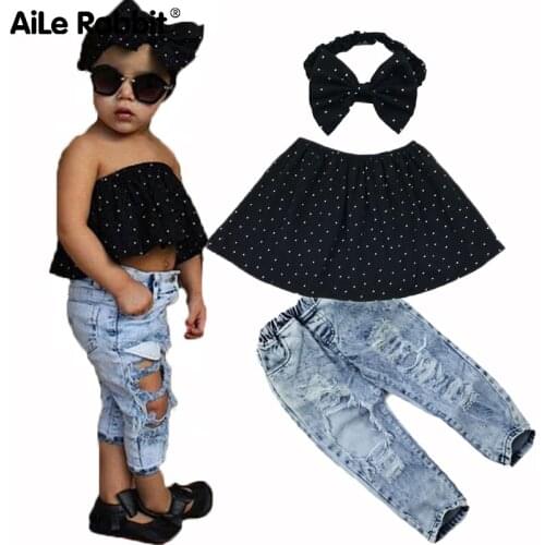 AiLe Rabbit Summer Kids Fashion Girls Clothing Sets 3 Pcs Black Blouse Top Hole Casual Jeans Hair Band Girls Clothes Set K1