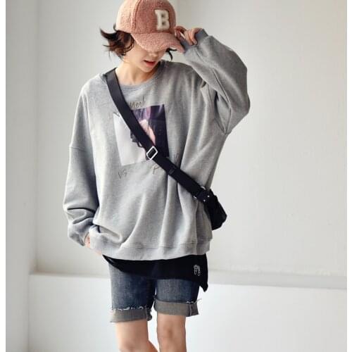 MICOCO R8123C Korean version fashion personality printed loose bat sleeves with fleece round collar hoodie
