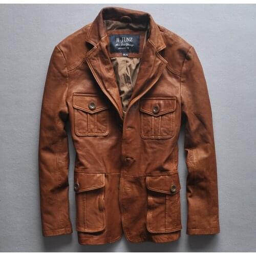 2016 slim fit italy Vintage leather jacket men four pockets leather suit men high quality leather coat men brown M-XXL
