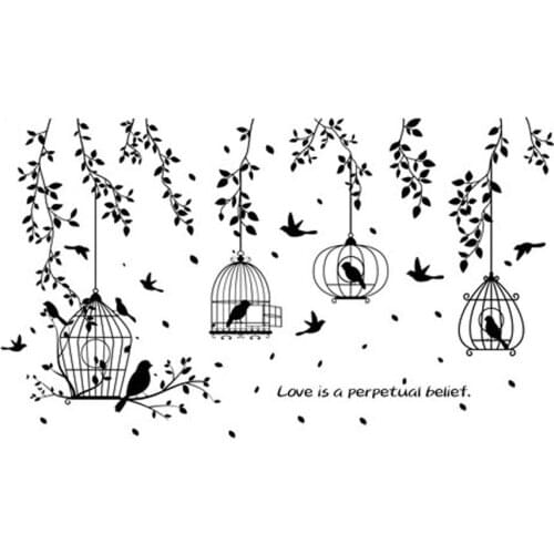 Wall Sticker Black Birdcage Leaves Silhouette Wall Decor Sticker Living Room Bedroom Decal