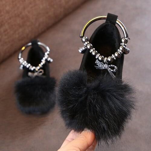 2021 Autumn Winter New Girls Single Princess Shoes Childrens Flat Shose Kid Baby Warm Flock Fluffy Bowkont Beaded Shoes