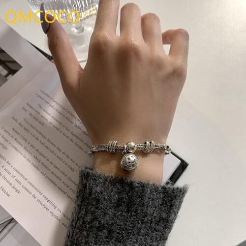 QMCOCO 925 Silver Punk Bracelet For Women Jewelry New Trendy Vintage Couples Cute Smiley Face Thick Chain Accessories Gifts