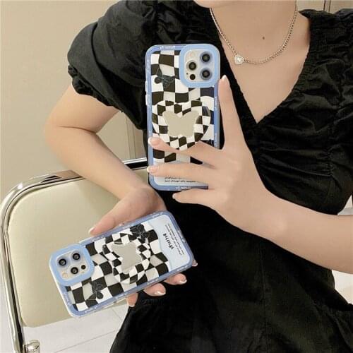 Black White Grid Butterfly Mirror Phone Case for IPhone 12 11 Pro Max Mini X XS XR XSMAX 8 2020 SE Protective Cover Accessories