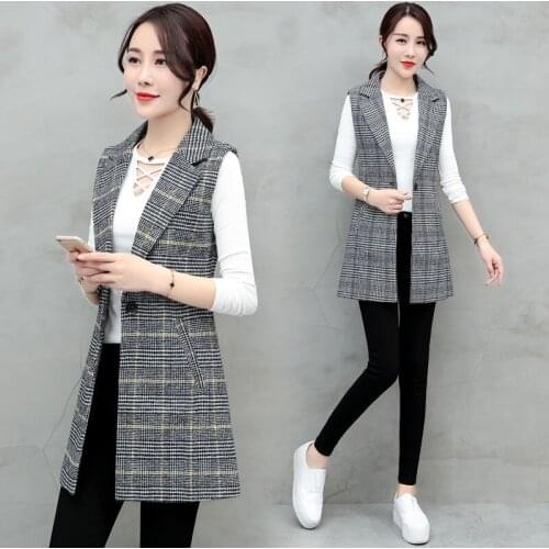 Woman Single Button Pocket Slim Sleeveless Vest Female Long Fashion Turn-down Collar Jacket Lady Plaid Outerwear Waistcoat H443