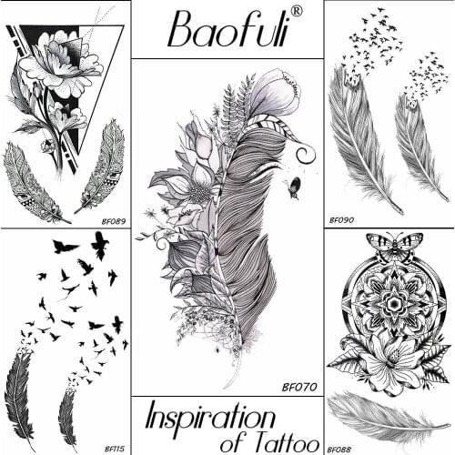 Women Black Temporary Tattoo Lifelike Flowers Leaf Feather Waterproof Tatoos Body Art Henna Disposable Fake Arm Tattoo Stickers