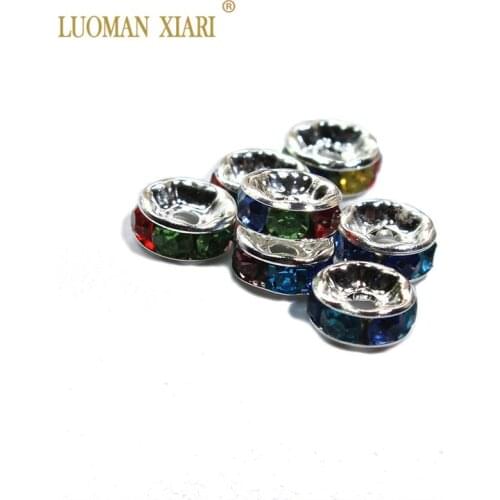 100 Pcs aLot 8mm Rondelles Spacers Beads Silver Plated Mix Colorful Rhinestone Beads For Jewelry Making DIY Accessories Material