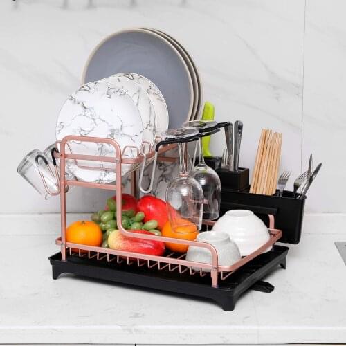 GENNISSY 2 Tier Dish Drying Rack Gold -Aluminum Rustproof Dishes Drainer and Removable Drainboard for Kitchen Counter
