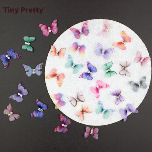 20pcs Handmade Double-layer Organza Butterflies w/ Rhinestone Mini Silk Butterflies for Nail Art, DIY Jewelry Making