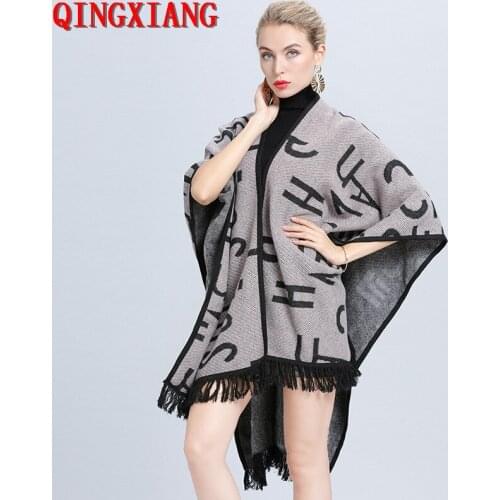 2020 Jacquard Weave Out Wear Coat Autumn Winter Knitted Cloak Tassel Pashmina Long Batwing Sleeves Shawl Letter Poncho