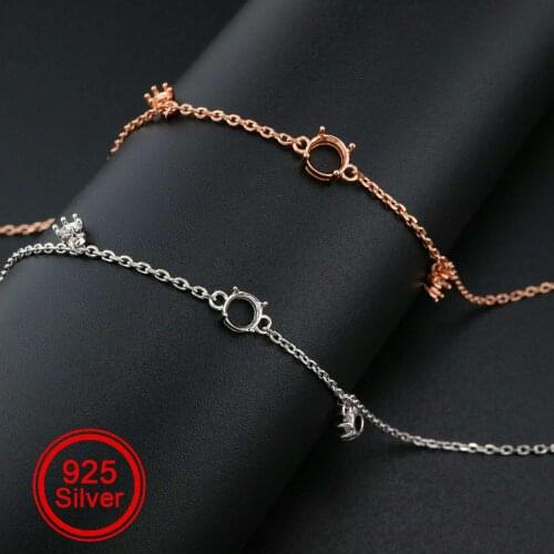 1Pcs Three Stones Round Prong Bracelet Settings Rose Gold Plated Solid 925 Sterling Silver Bezel Tray Gemstone 8''+2'' 1900241