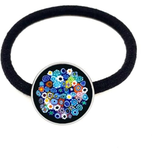 Murano Millefiori Black Hairbands MultiColour Flower 20mm Glass Cabochon Hairwear Jewelry For Women Girls Gift Wholesale