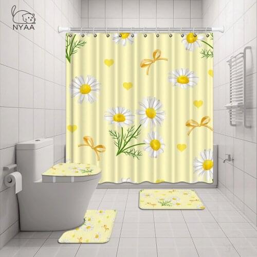 Daisy Flower Shower Curtain Set Bath Mat Bathroom Waterproof Curtain Garden View Toilet Bath Mats Rug Bathroom Curtain Set