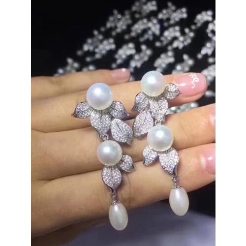 Long earring natural fresh water pearl drop earring 925 sterling silver with cubic zircon leaf earring fashion women jewelry