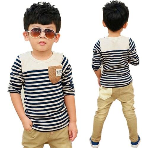 Boy Tshirt Kids Spring Autumn Clothing Children T-shirts for Baby Boys Long Sleeve T Shirts striped pocket tag100~150 make up