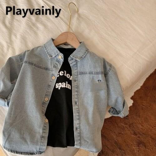 2021 Korean Style New Autumn Kids Boys Girls Shirts Embroidered Letters Denim Blouse Casual Tops Children Clothes 1-7Y E3735