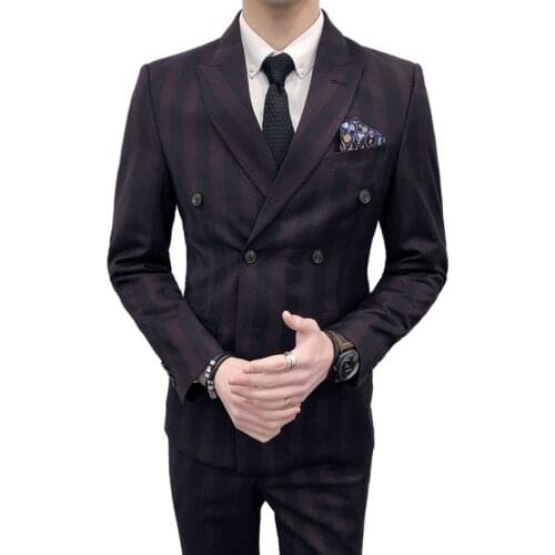Jacket + Vest + Pants ) Mens Fashion Boutique Striped Casual Business Suit / Mens Double Breasted Suit Groom Wedding Suits