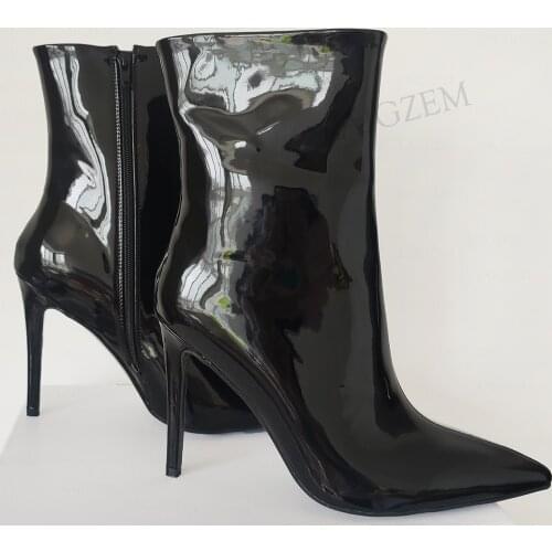 LAIGZEM Women Ankle Boots Shiny Zip Up Thin High Heels Booties Black Ladies Pointed Toe Shoes Woman Handmade Big Size 41 46 47