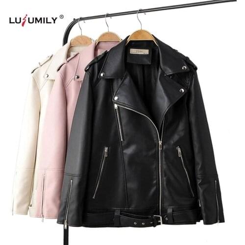 Lusumily 2021 PU Leather Jacket Womens Classic Moto Biker Soft Jacket Autumn Winter Female Faux Basic Coat Loose Outerwear