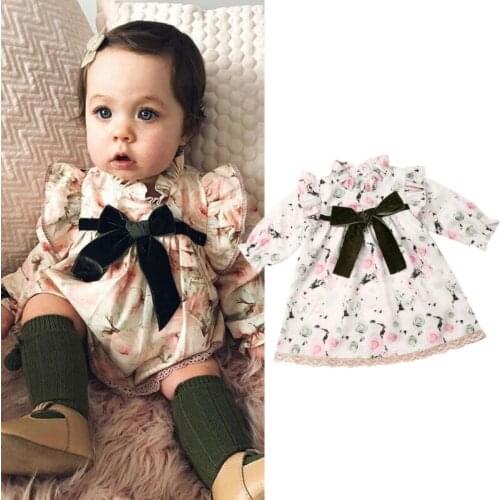 Fashion Kids Girl Printing Long Puff Sleeve Princess Lace Butterfly Dresses Floral Childrens Clothing