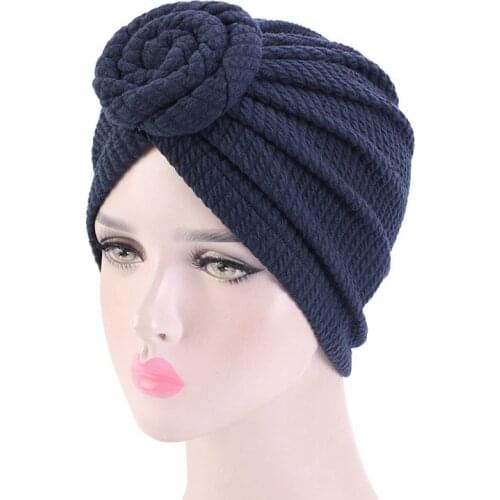 Fashion Muslim Women Elastic Cotton Flower Headband Cap Bonnet Doughnut Chemotherapy Hat Cotton Turban Headwear Scarf Coloring