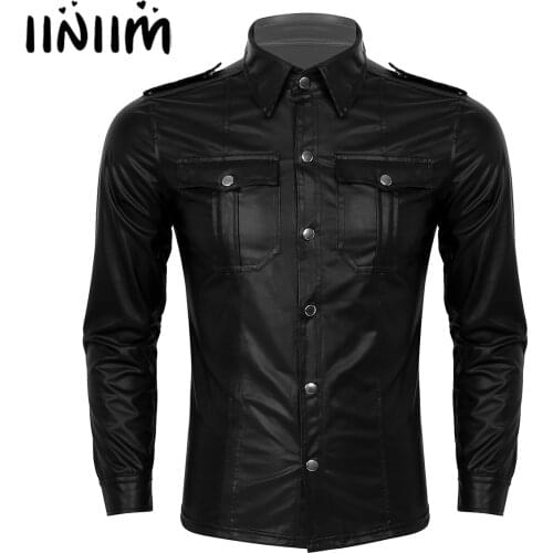 Men Trend Sexy Skinny Wet Look Patent Leather Cosplay Shirts Turn-down Collar Long Sleeve with Press Buttons Nightclub Costume