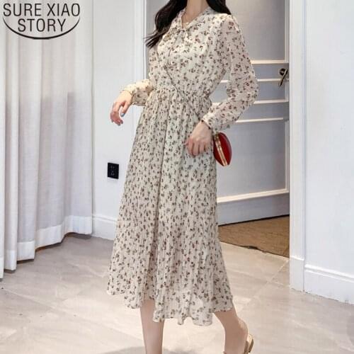 Vestidos Pleated Dress for Women A-line High Waist Chiffon Dress Women Autumn Print Chic Long Sleeve Bow Midi Dresses 10771