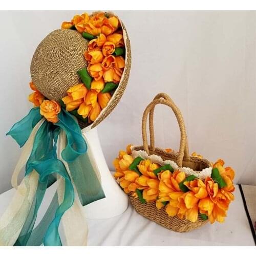 Straw Women Handbags Wicker Woven Totes Rattan Summer Beach Bag Handmade Tulip Flowers Bags with Sun Hat Lady Purses Shopper New