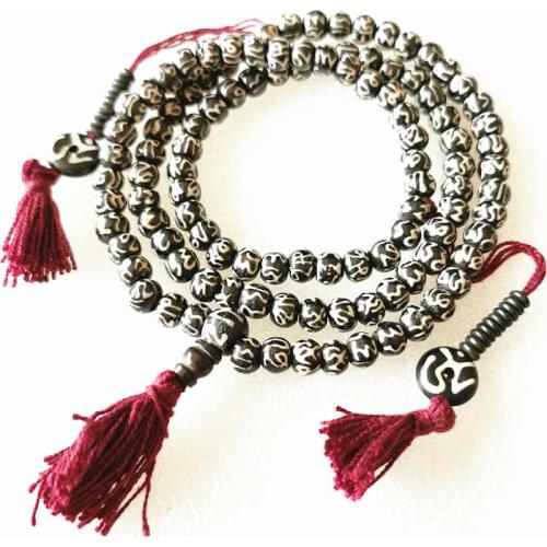 Tibetan Mantras Rosary Yak Bone Beads Tibet Hand Painted OM MANI PAD ME HUM Necklace for Man BRO637