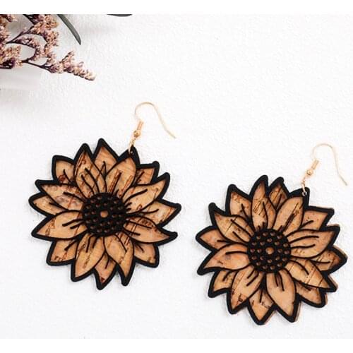 Vintage Earrings Jewelry Sunflower Ox Head Unique Geometric Textured Simple Retro Bohemian Microfiber Cork Leather Earrings