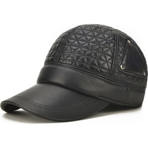 Unisex Genuine Leather Cowskin Baseball Cap Men Fall Winter Cowhide Hat Women Warm Cow Leather Earprotion Warm Hat B-7159