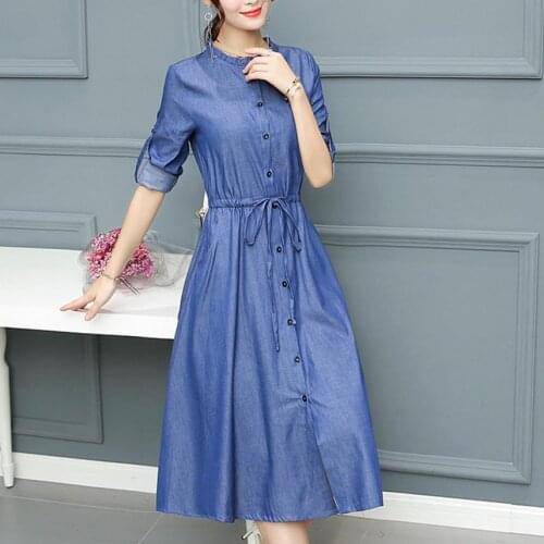 Spring autumn Women Denim Dress Elegant Long Sleeve o-neck Dress Casual Jeans dress plus size 2XL