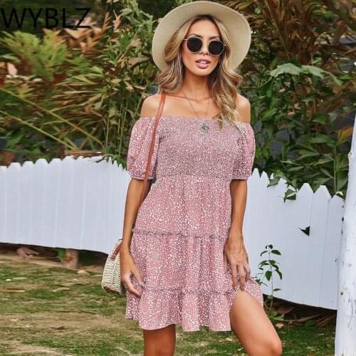 WYBLZ 2021 Summer New Womens Dress Fashion Sexy Backless Off Shoulder Print Folds Mini Dresses Patchwork Elegant Beach Sundress