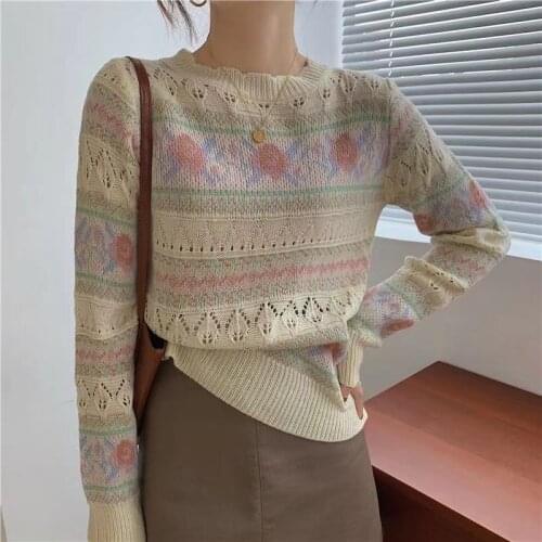 2colors Autumn korean style Knitted Sweater and Pullovers French Floral Hollow Out Vintage Thin Tops (N0257)