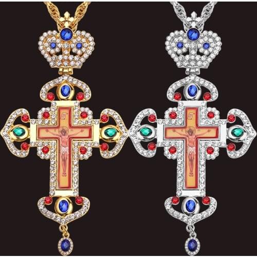 2021 Fashion Hip Hop Punk Necklace Orthodox Religious Jesus Crucifix Pendants Cross Full Rhinestones for Pastor Gift
