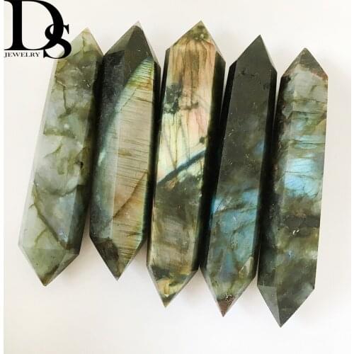 5pcs Natural Flash Labradorite Wand Point Moonstone Wand Quartz Crystal Hexagonal Double-points Reiki Healing Crystal Stone