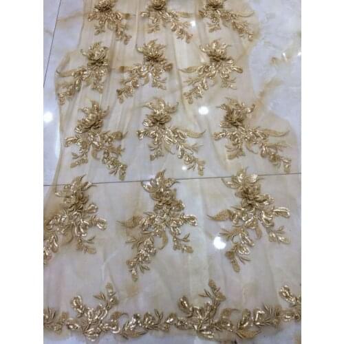 5yards /lot hts008 # dark gold sequin 3d luxury flower best quality embroidery tulle mesh lace fabric for sawing wedding dress