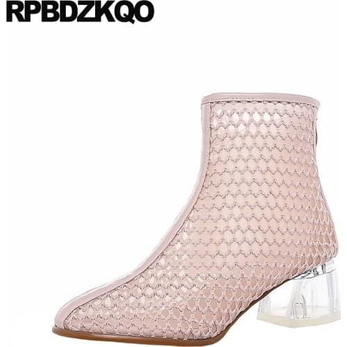 Booties shoes pink transparent mesh clear chunky cut out women ankle boots 2019 round toe thick summer white fashion sandals