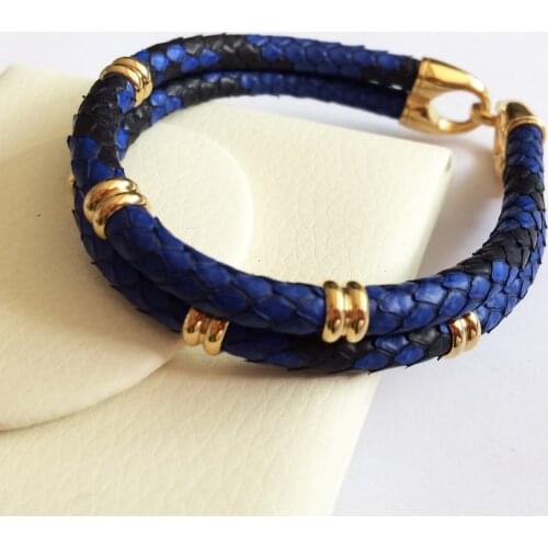 Lovers' Blue Python Skin Leather Bracelets Real Python Skin Leather With Steel Buckle Bracelet With Beads Bracelet