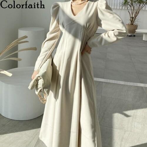 Colorfaith New 2021 Women Autunm Winter Dress Pure High Waist Puff Sleeve Korean Style Elegant Flared Vintage Long Dress DR66085