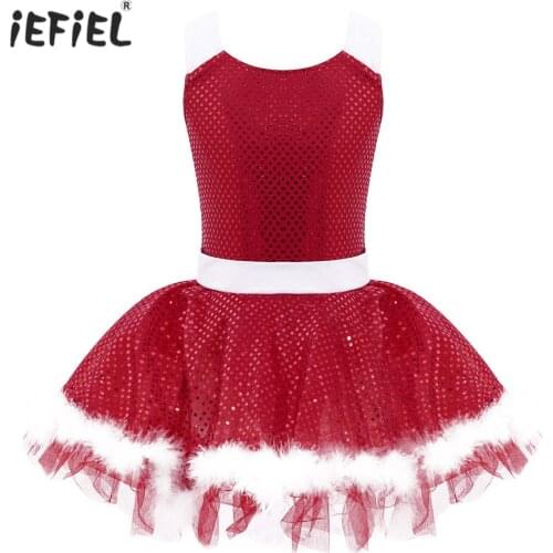 Kids Girls Ballet Latin Dance Costume Professional Ballerina Tutu Faux Fur Sequins Adorned Dance Leotard Keyhole Back Mesh Dress