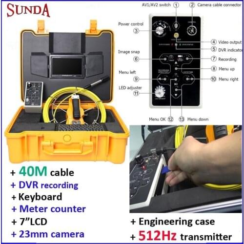40meter fiberglass cable Pipe Inspection Camera Sewer camera 512hz transmitter video snake camera kit DVR keyboard meter counter