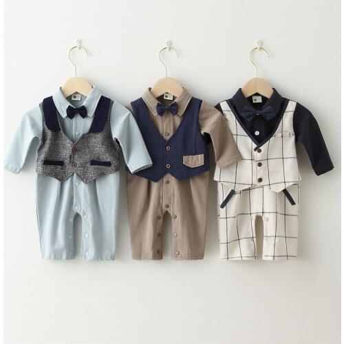 Baby Boy Romper With Tie Kids Summer Spring 0-18M Infant Gentleman Clothes For Wedding Party Newborn Outfits Baby Boy Clothes