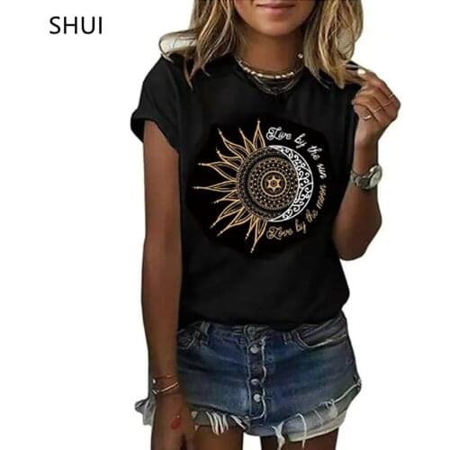 2021 Summer New Womens Casual Fashion T-shirt Letter Sun Moon Print Loose Soft Round Neck Short Sleeve Couple Top T SHIRT BLACK