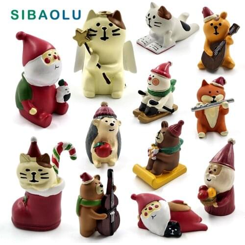Skiing Christmas Decole Cat Squirrel Sant Claus Miniature figurine Decoration Fairy Garden statue Resin craft toy car ornaments