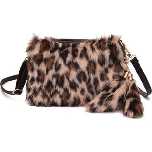 M624 Fashion Women Bag Casual Plush Bag Leopard Bag Wool Ball Pendant Messenger Bags Small Size Girl Gift Wholesale